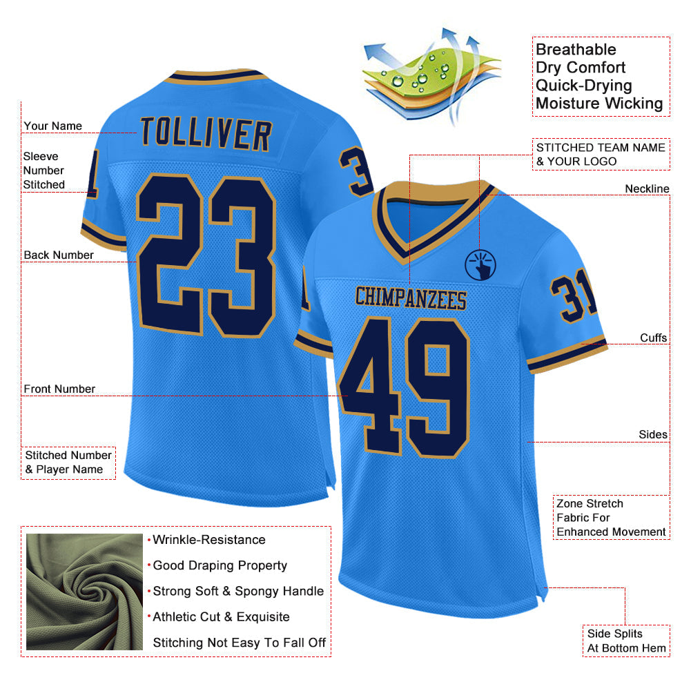 Custom Powder Blue Navy-Old Gold Mesh Authentic Throwback Football Jersey view 2
