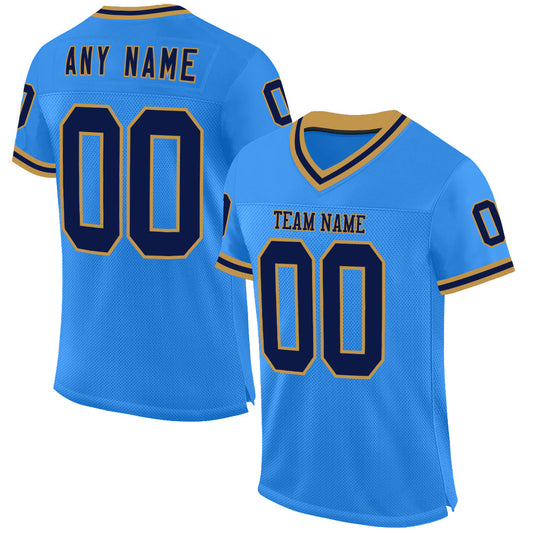 Custom Powder Blue Navy-Old Gold Mesh Authentic Throwback Football Jersey - Main View