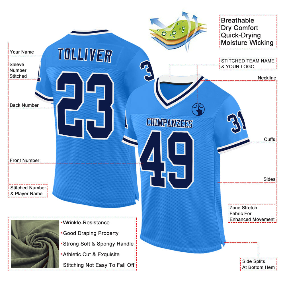 Custom Powder Blue Navy-White Mesh Authentic Throwback Football Jersey view 2