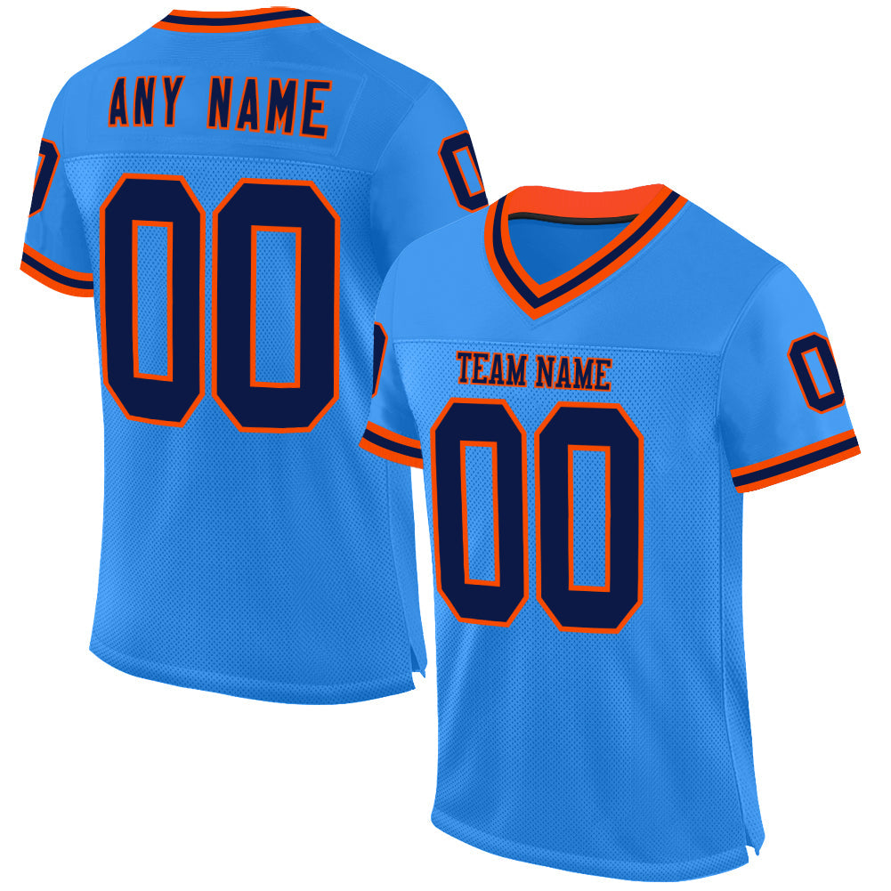 Custom Powder Blue Navy-Orange Mesh Authentic Throwback Football Jersey - Main View
