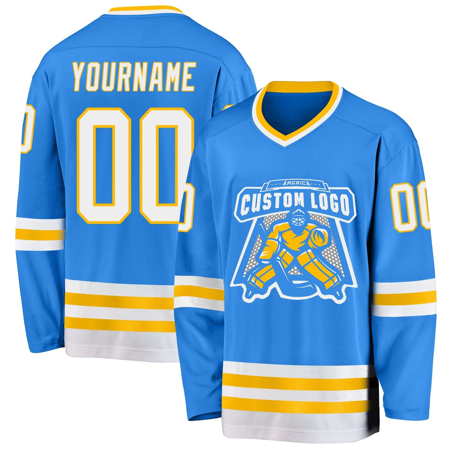 Custom Powder Blue White-Gold Hockey Jersey view 2