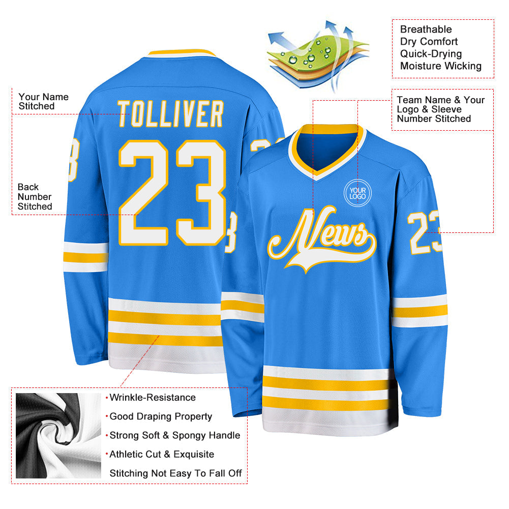Custom Powder Blue White-Gold Hockey Jersey view 3