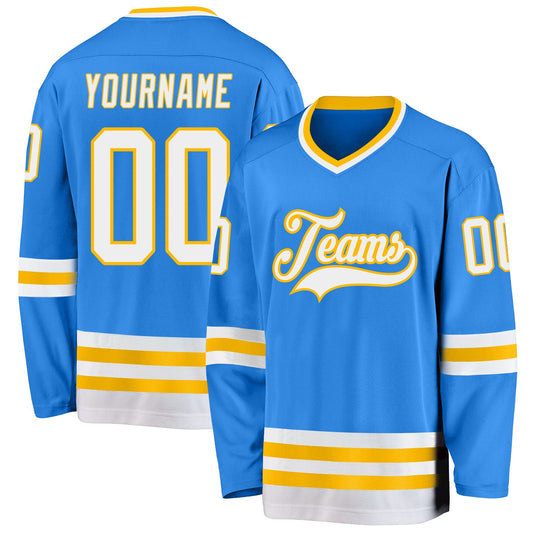 Custom Powder Blue White-Gold Hockey Jersey - Main View