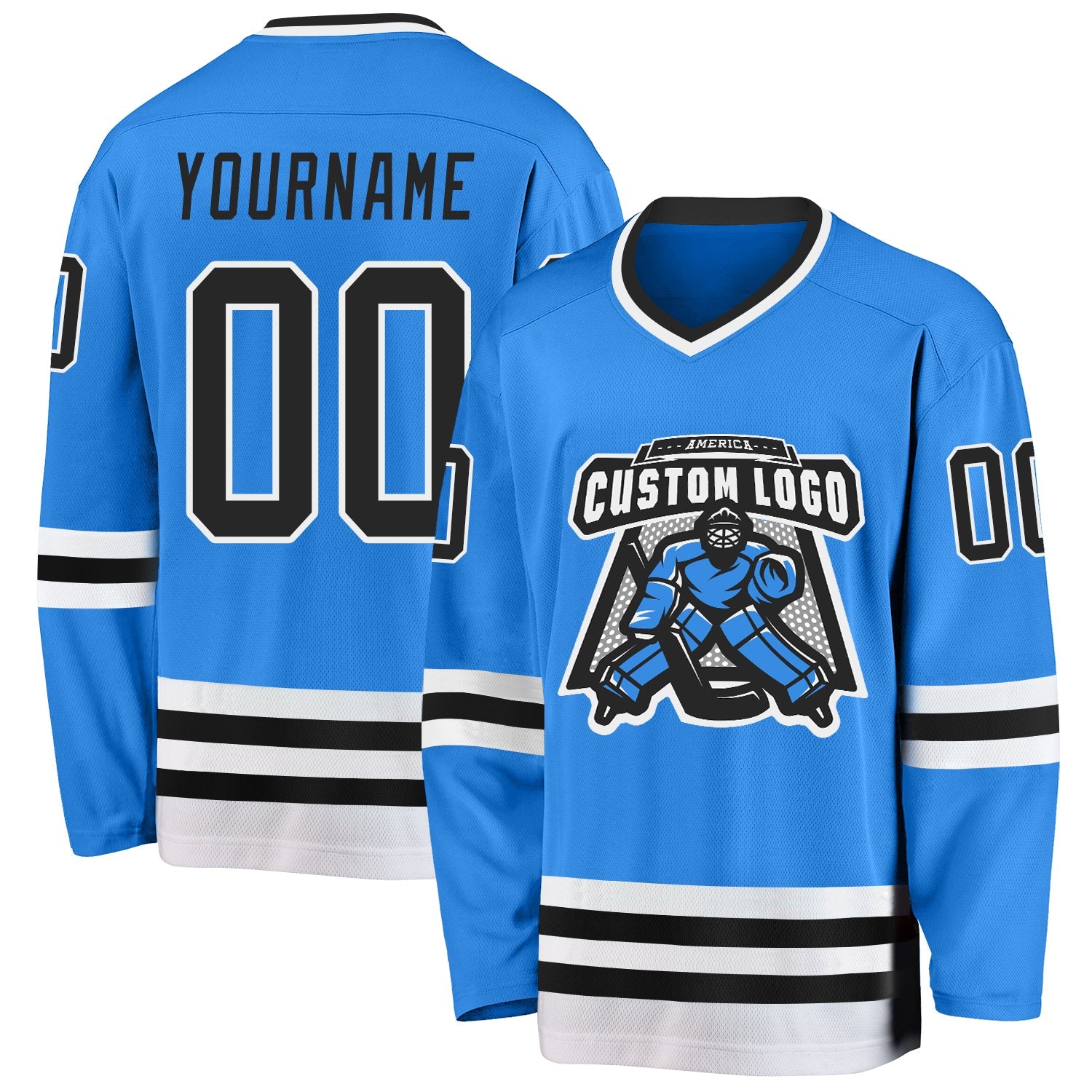 Custom Powder Blue Black-White Hockey Jersey view 2