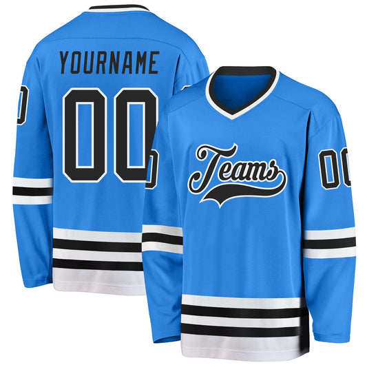Custom Powder Blue Black-White Hockey Jersey - Main View