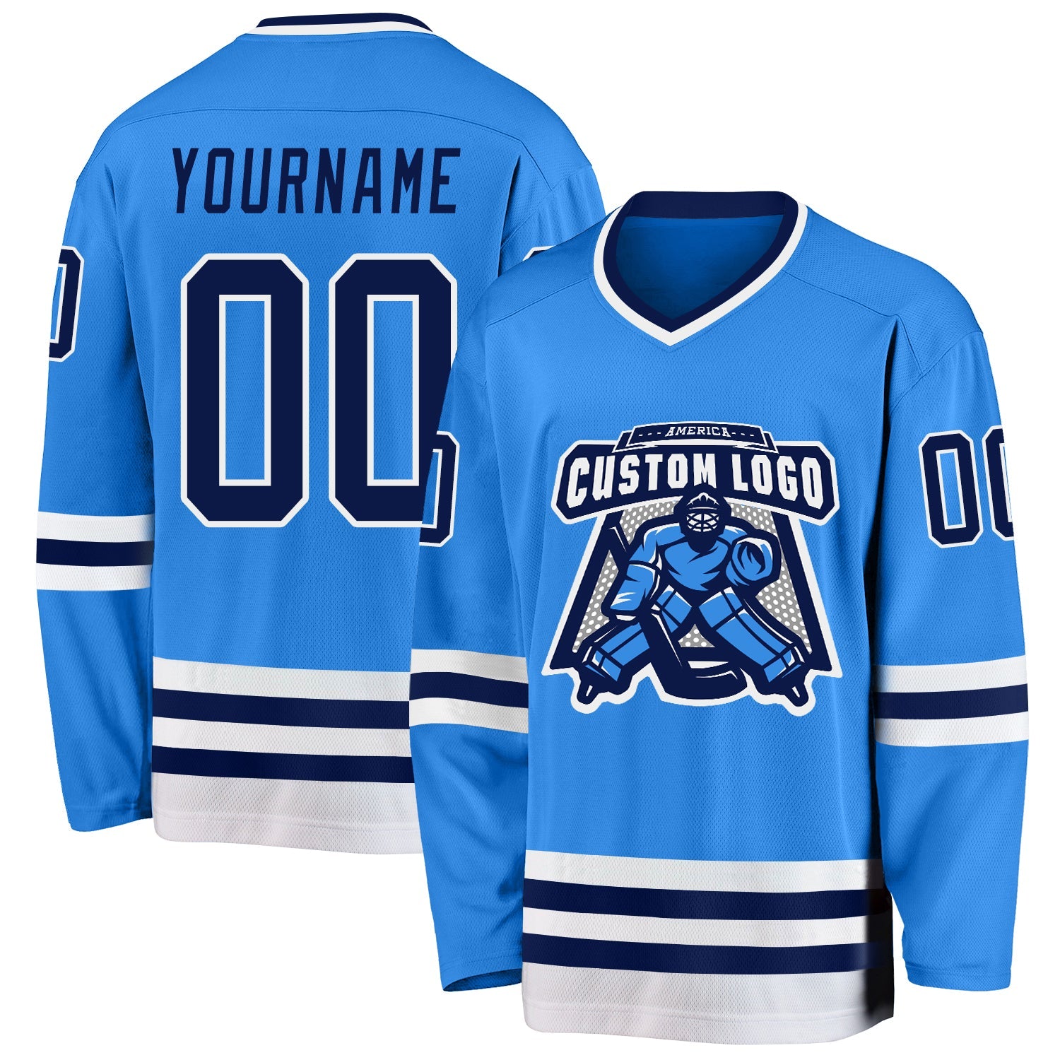 Custom Powder Blue Navy-White Hockey Jersey view 2