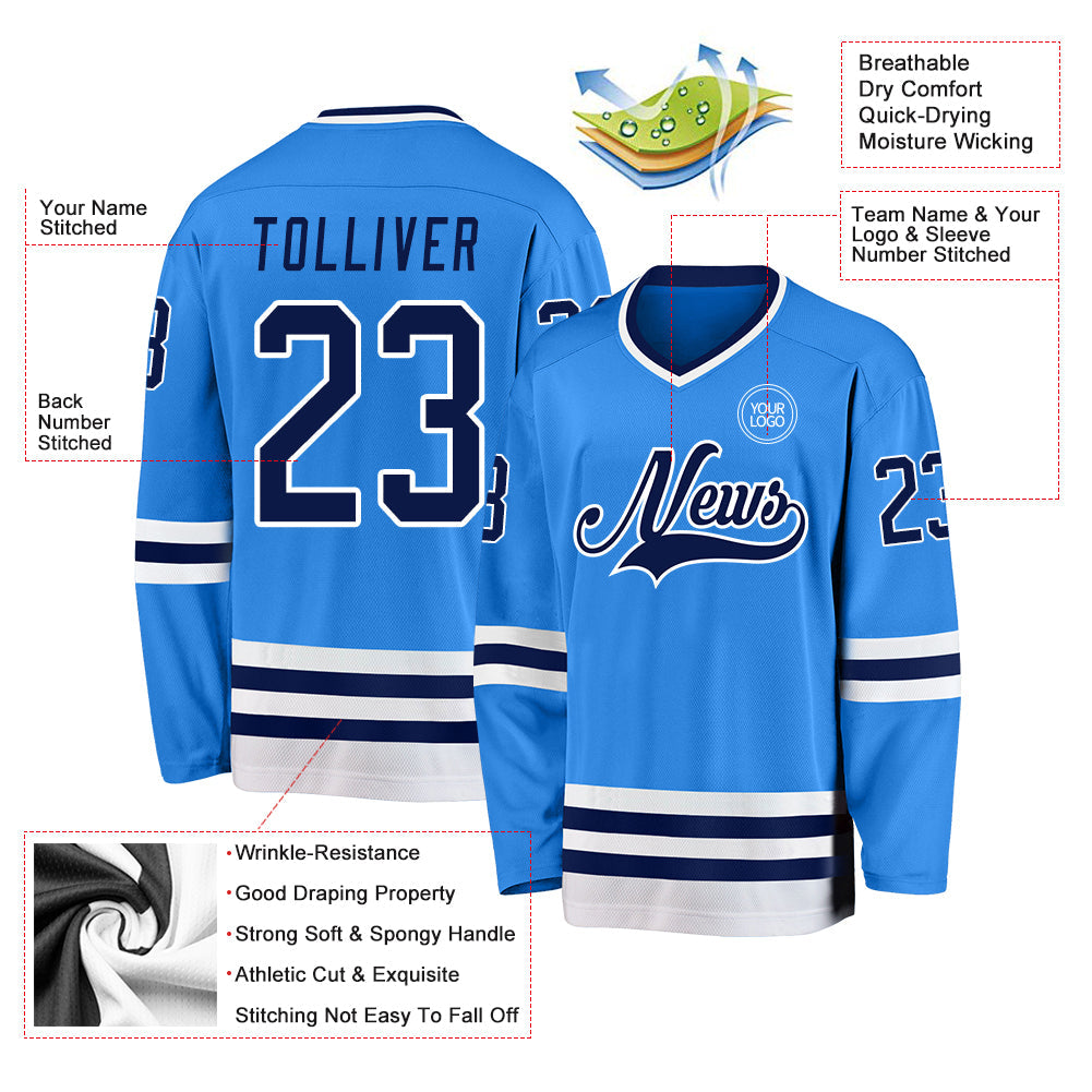Custom Powder Blue Navy-White Hockey Jersey view 3