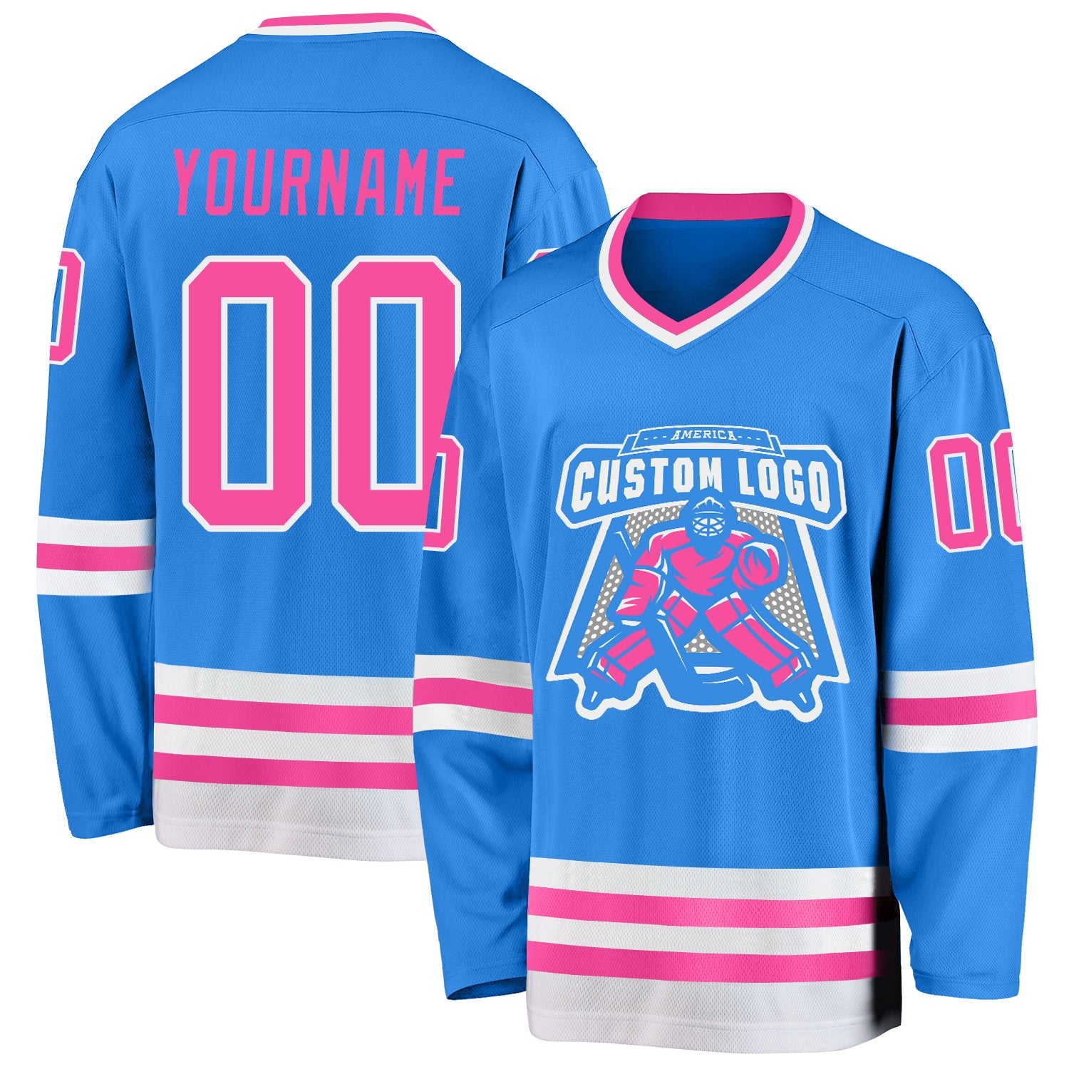 Custom Powder Blue Pink-White Hockey Jersey view 2