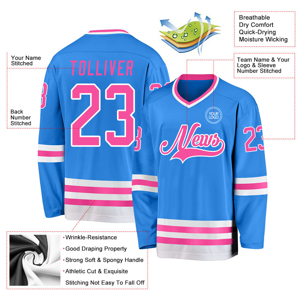 Custom Powder Blue Pink-White Hockey Jersey view 3