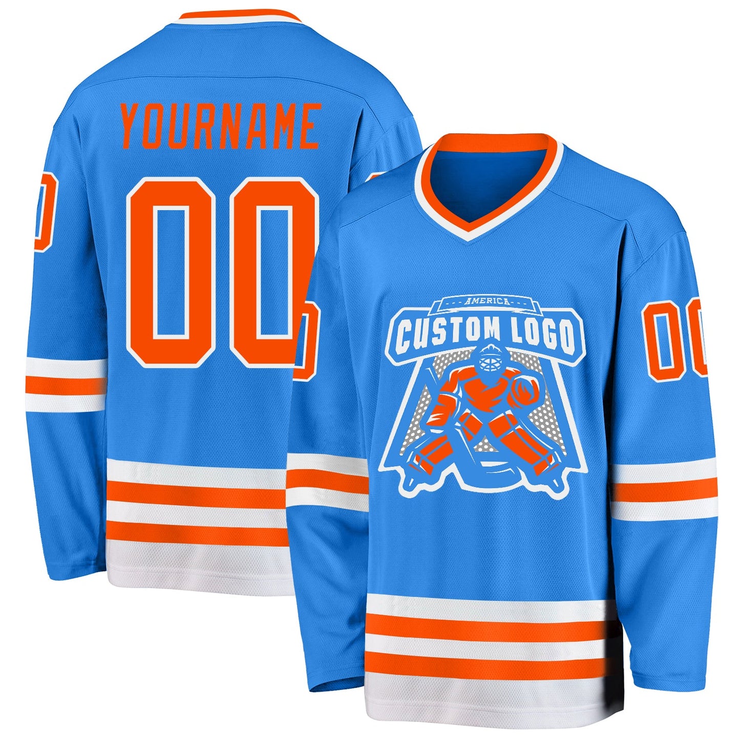 Custom Powder Blue Orange-White Hockey Jersey view 2