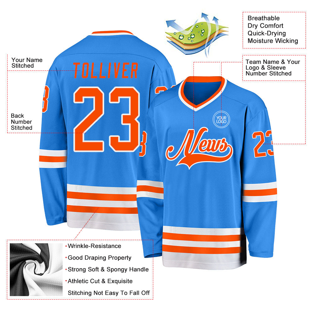 Custom Powder Blue Orange-White Hockey Jersey view 3