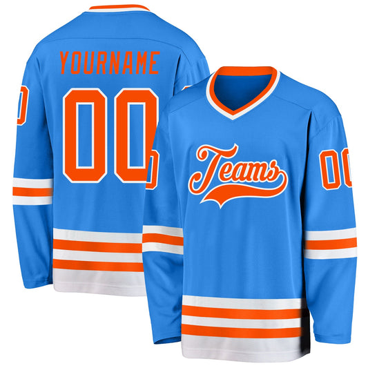 Custom Powder Blue Orange-White Hockey Jersey - Main View