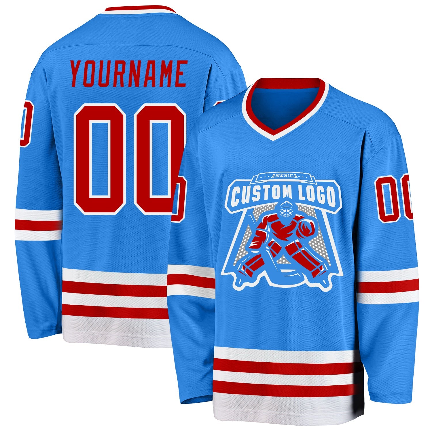 Custom Powder Blue Red-White Hockey Jersey view 2