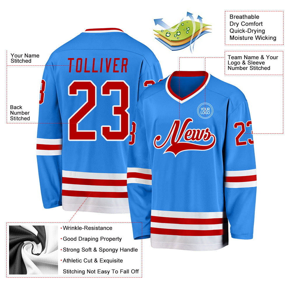 Custom Powder Blue Red-White Hockey Jersey view 3