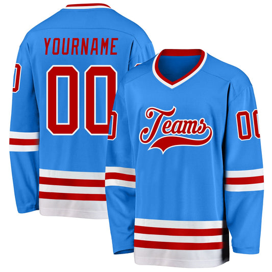 Custom Powder Blue Red-White Hockey Jersey - Main View