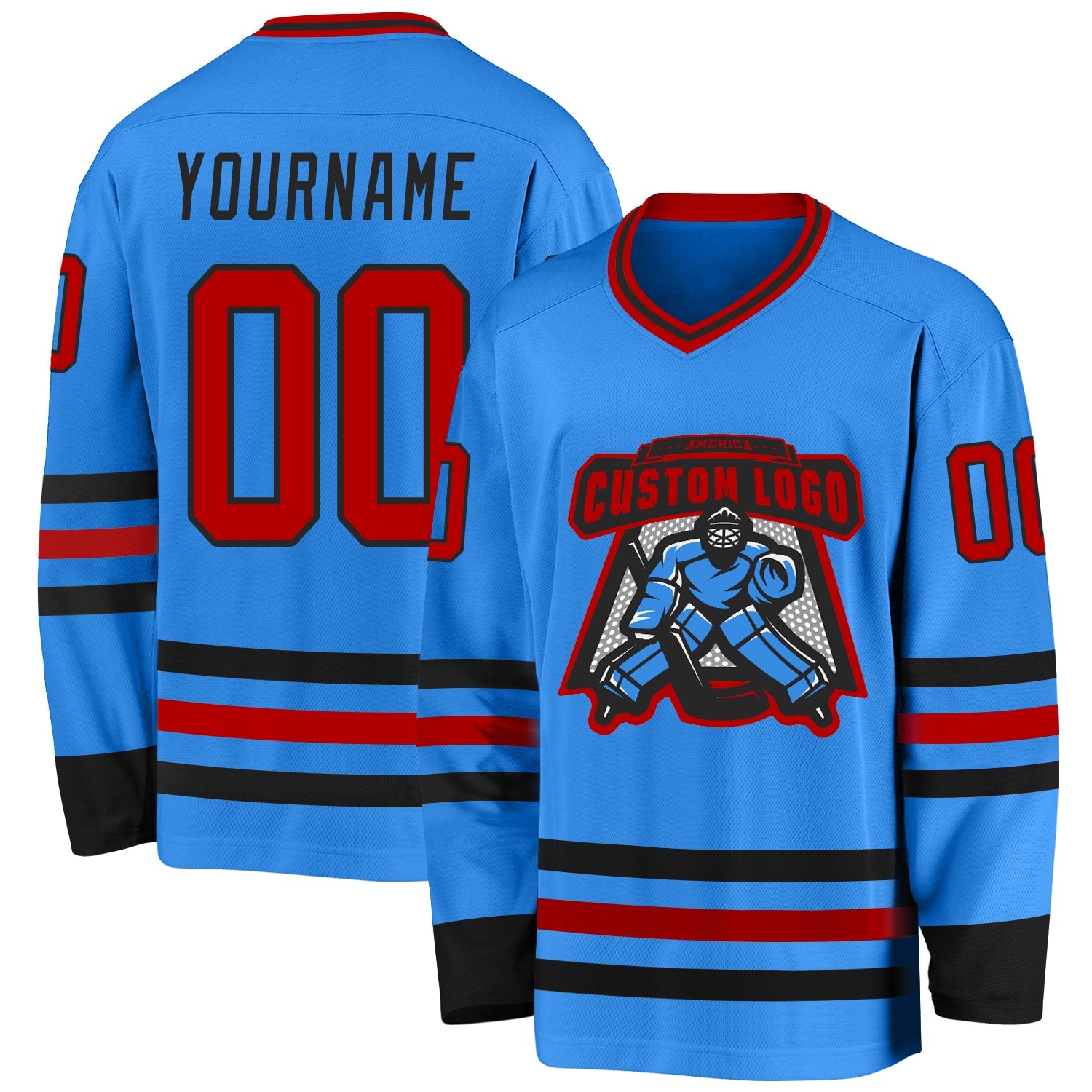 Custom Powder Blue Red-Black Hockey Jersey view 2