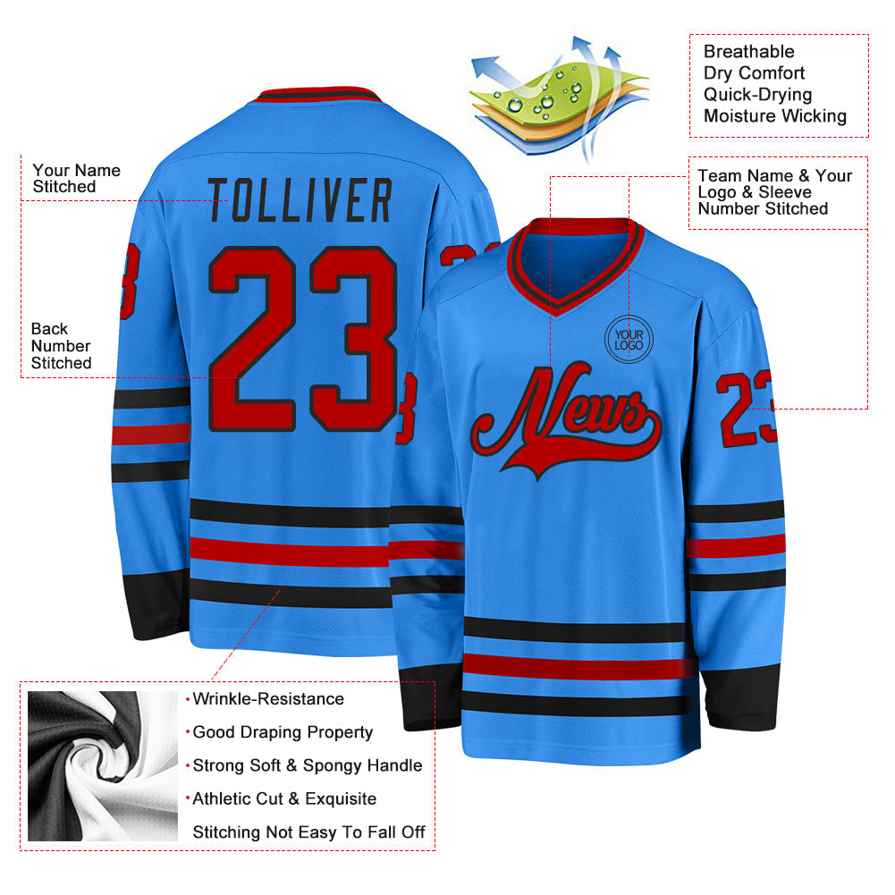 Custom Powder Blue Red-Black Hockey Jersey view 3