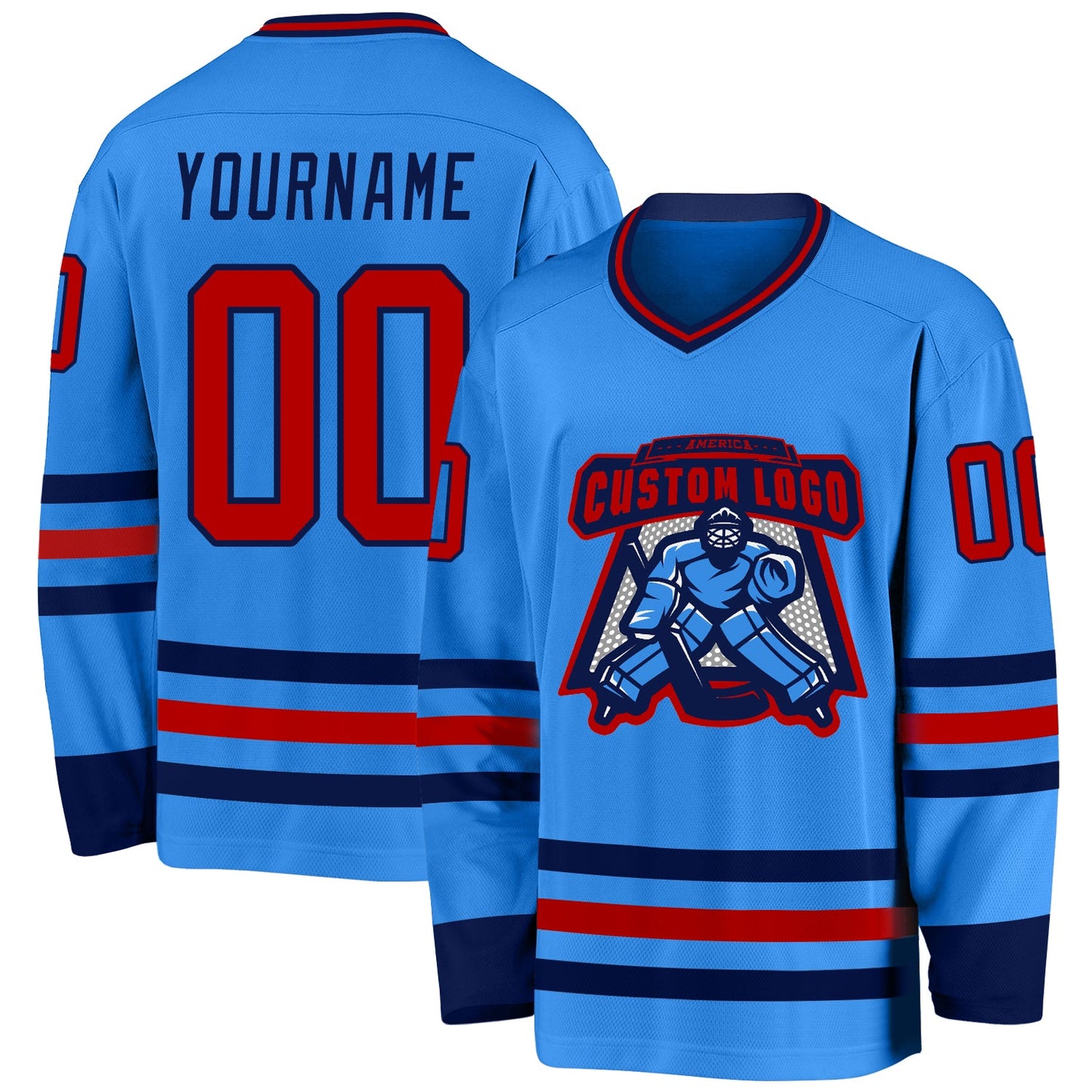 Custom Powder Blue Red-Navy Hockey Jersey view 2