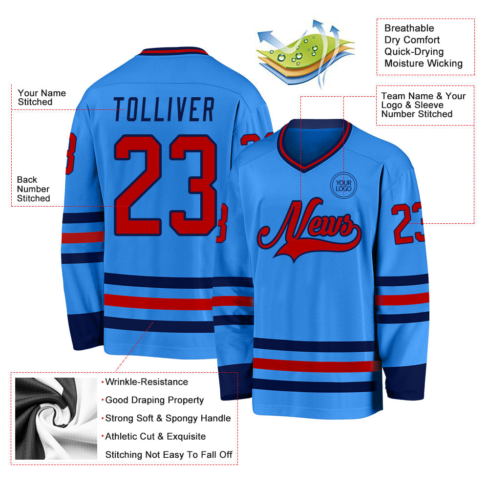 Custom Powder Blue Red-Navy Hockey Jersey view 3