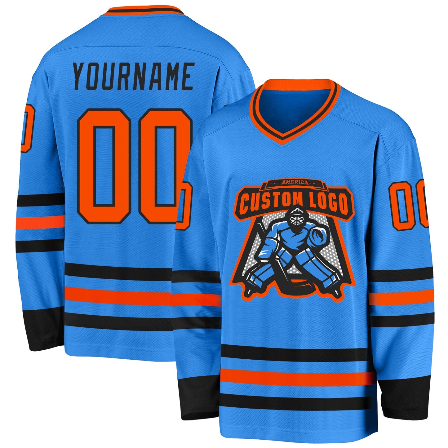 Custom Powder Blue Orange-Black Hockey Jersey view 2
