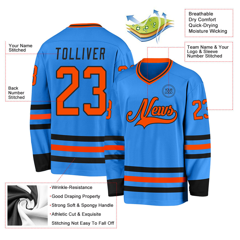 Custom Powder Blue Orange-Black Hockey Jersey view 3