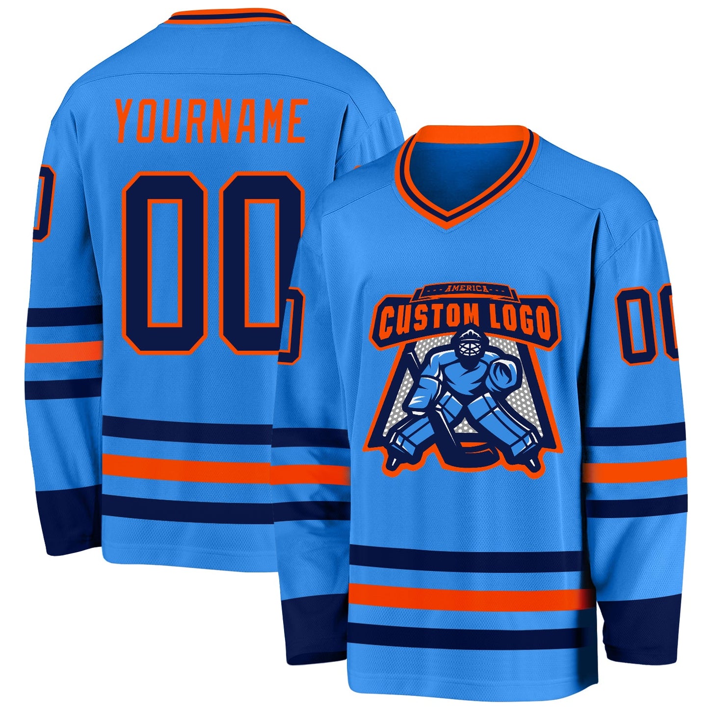 Custom Powder Blue Navy-Orange Hockey Jersey view 2