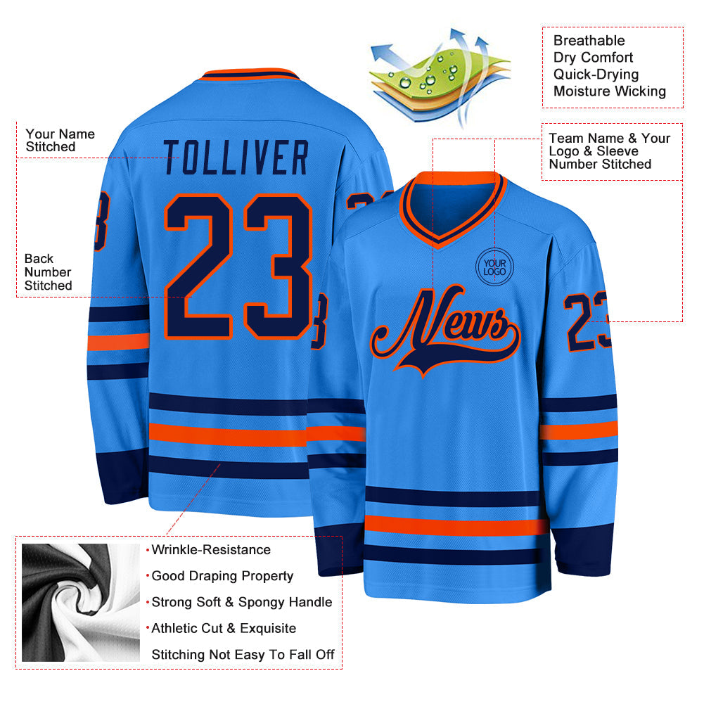 Custom Powder Blue Navy-Orange Hockey Jersey view 3