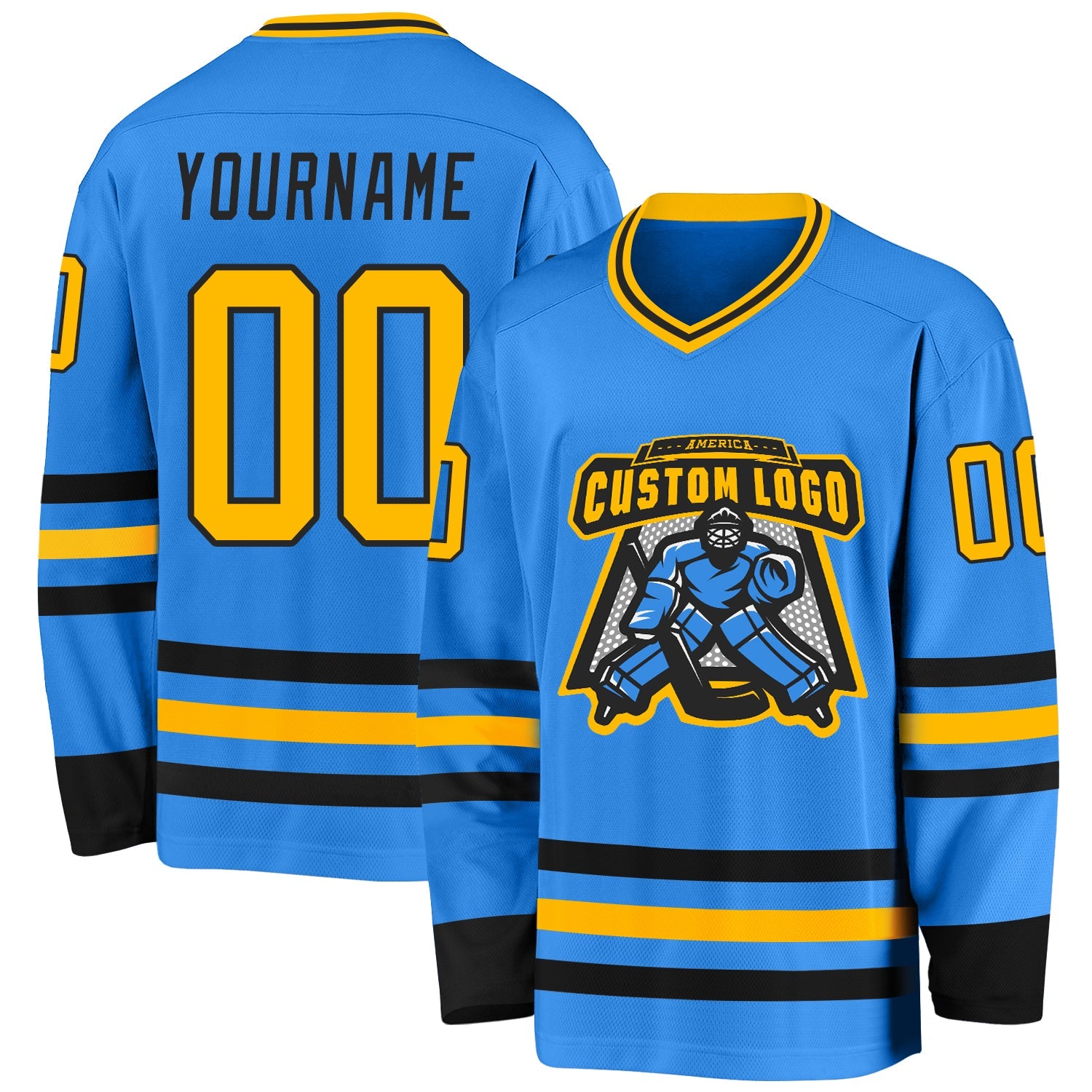 Custom Powder Blue Gold-Black Hockey Jersey view 2