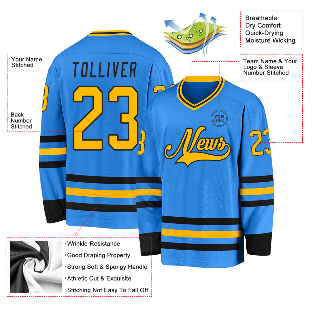 Custom Powder Blue Gold-Black Hockey Jersey view 3