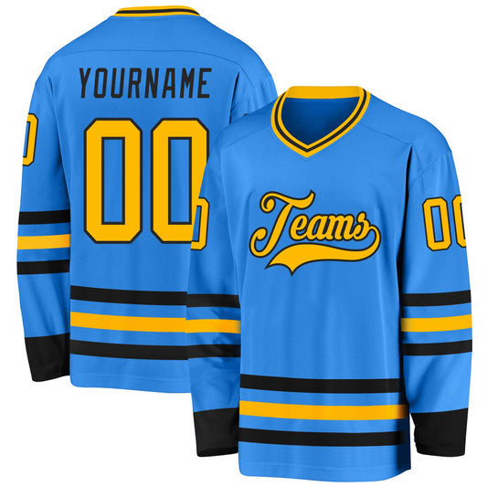 Custom Powder Blue Gold-Black Hockey Jersey - Main View