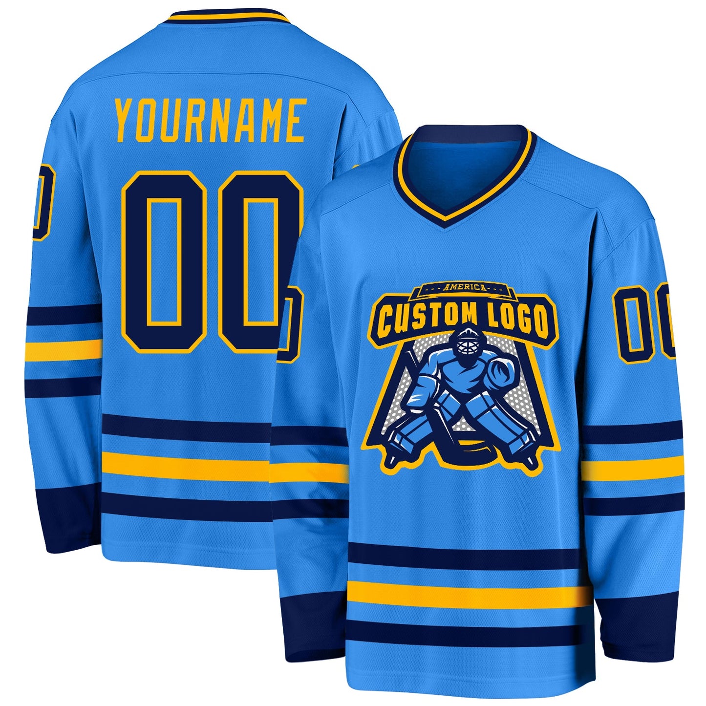 Custom Powder Blue Navy-Gold Hockey Jersey view 2