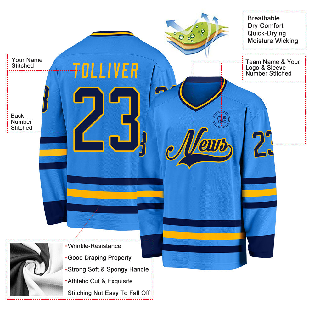 Custom Powder Blue Navy-Gold Hockey Jersey view 3