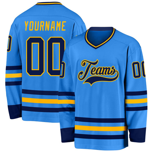 Custom Powder Blue Navy-Gold Hockey Jersey - Main View