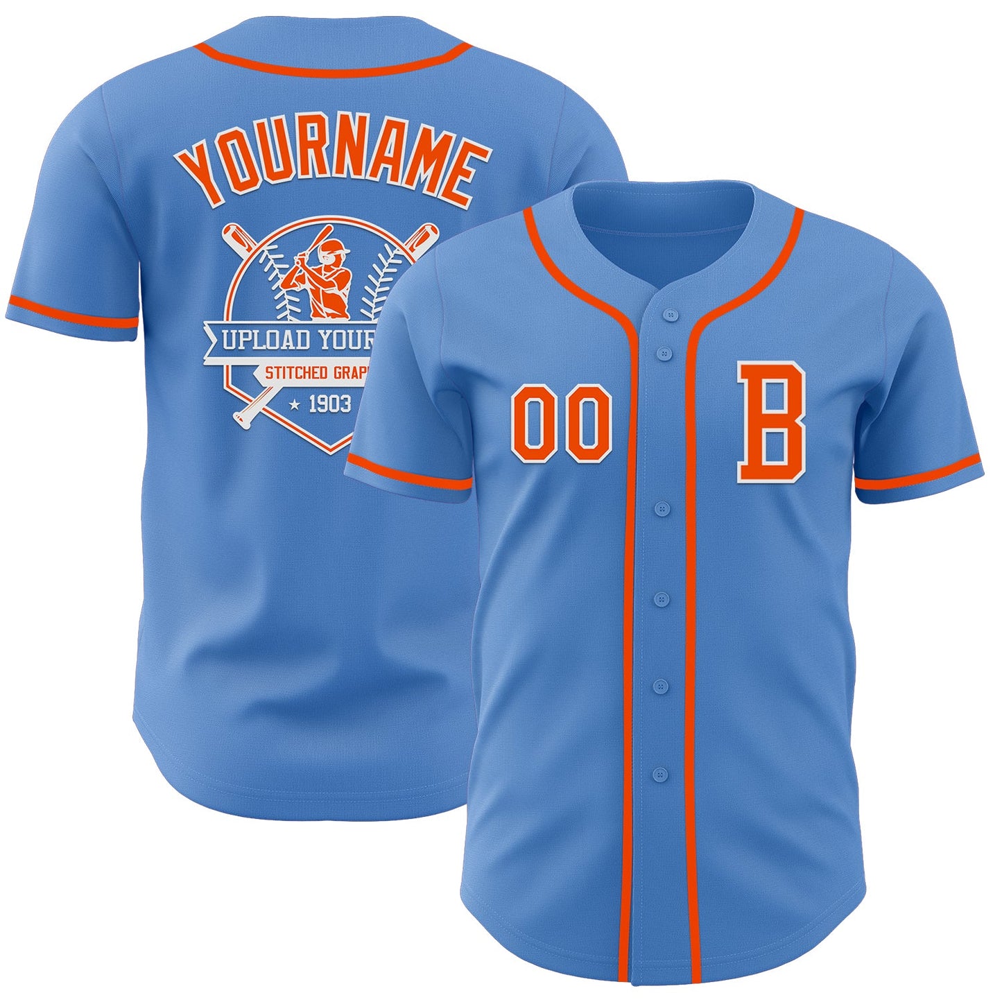 Custom Powder Blue Orange-White Authentic Baseball Jersey view 5