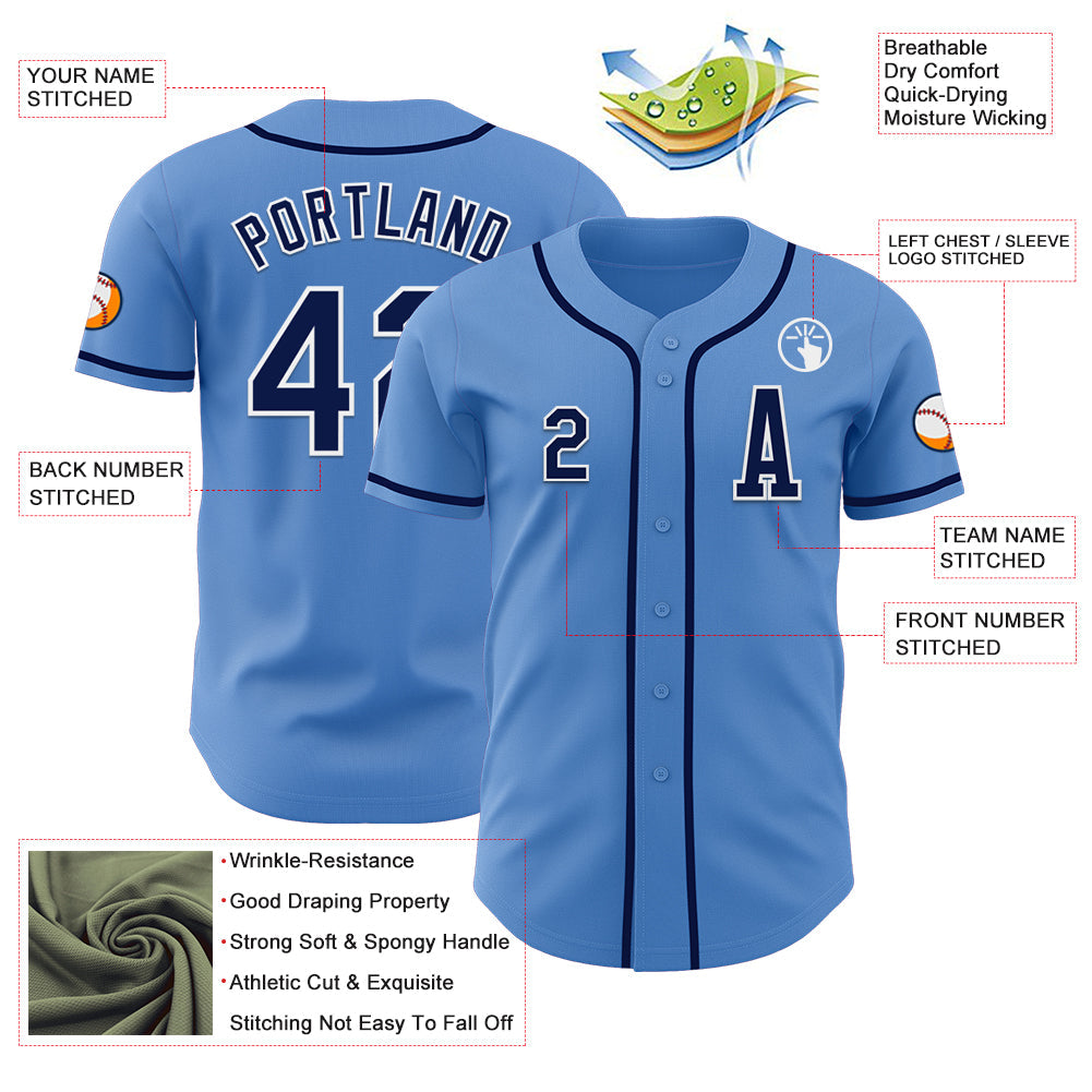 Custom Powder Blue Navy-White Authentic Baseball Jersey view 2
