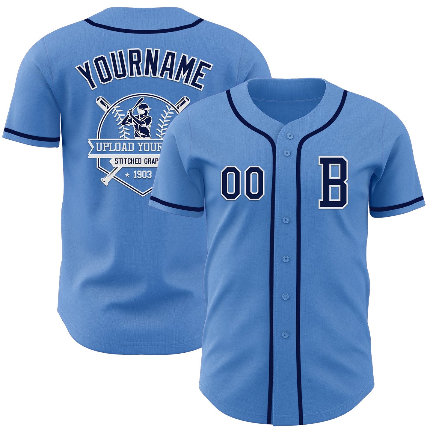 Custom Powder Blue Navy-White Authentic Baseball Jersey view 5