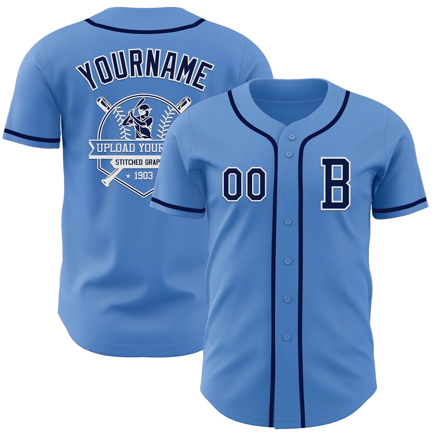 Custom Powder Blue Navy-White Authentic Baseball Jersey view 5