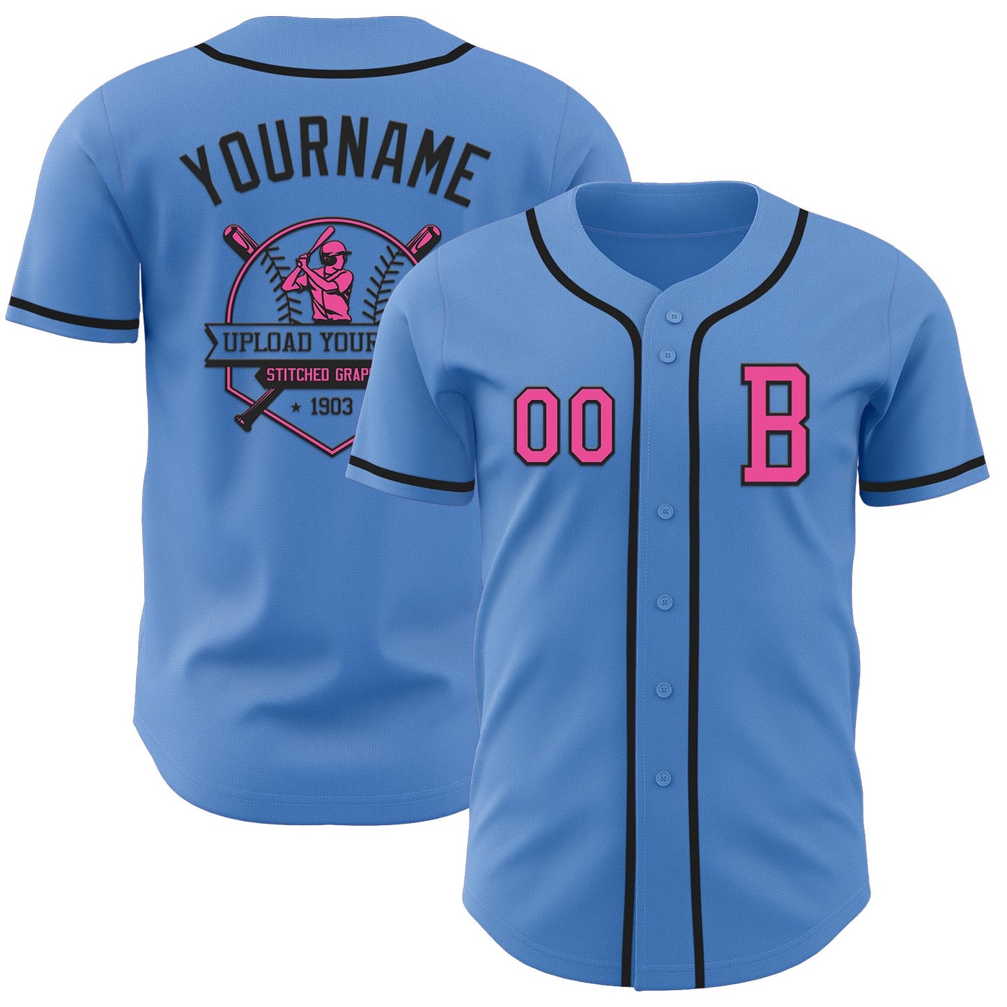 Custom Powder Blue Pink-Black Authentic Baseball Jersey view 5