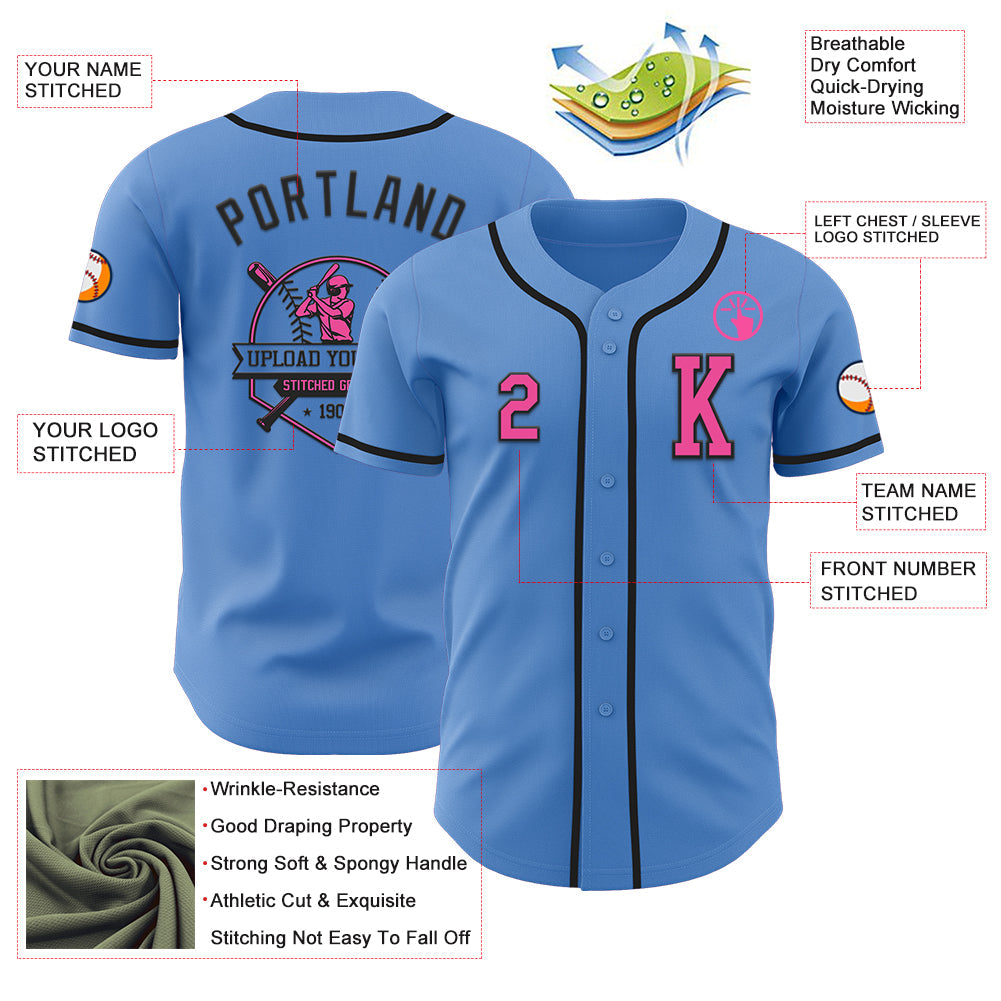 Custom Powder Blue Pink-Black Authentic Baseball Jersey view 6