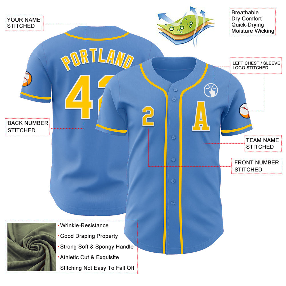 Custom Powder Blue Yellow-White Authentic Baseball Jersey view 2