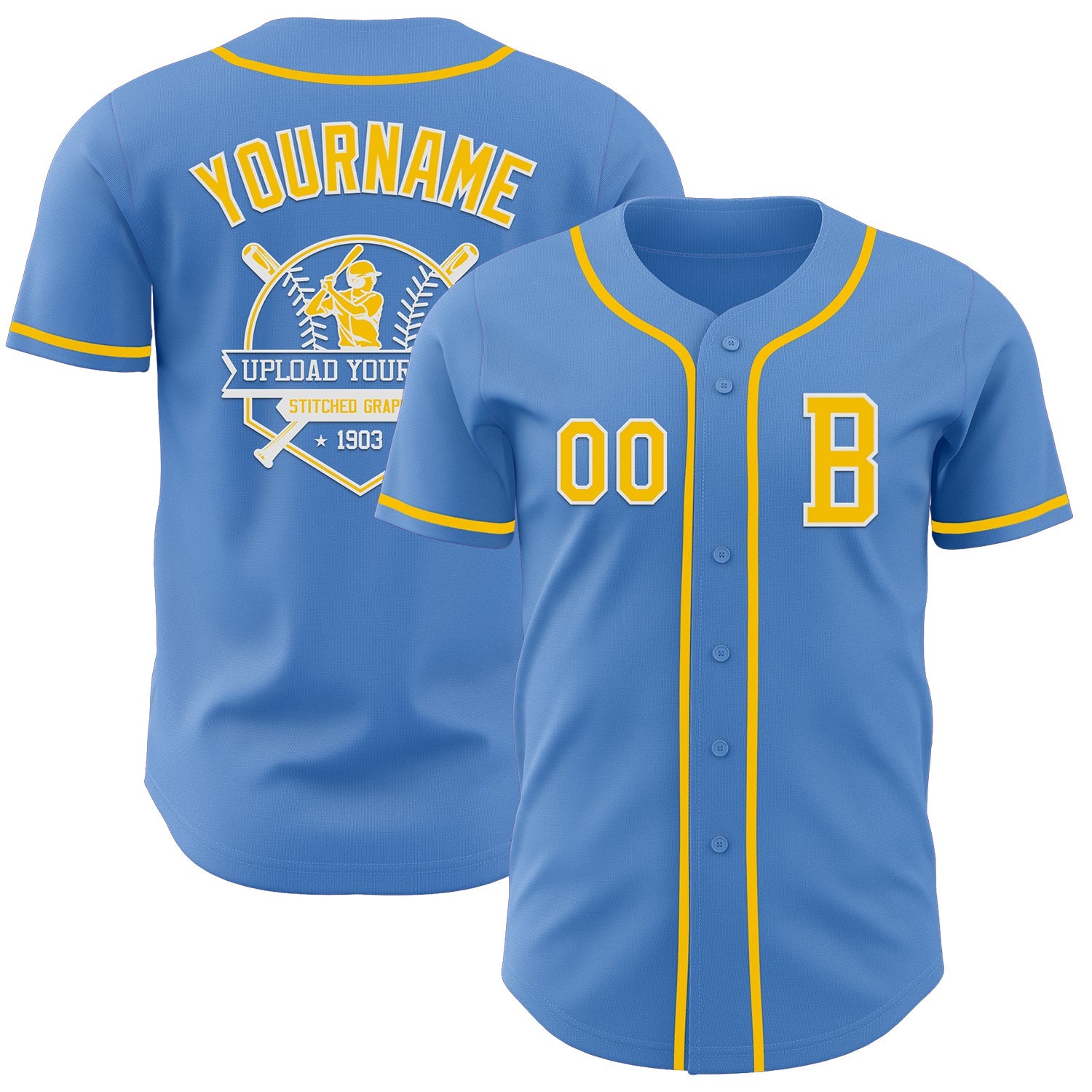 Custom Powder Blue Yellow-White Authentic Baseball Jersey view 5