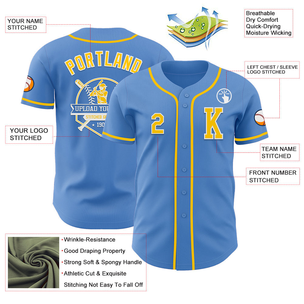 Custom Powder Blue Yellow-White Authentic Baseball Jersey view 6