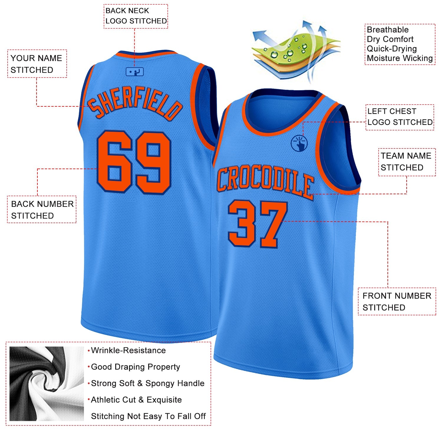 Custom Powder Blue Orange-Royal Authentic Basketball Jersey view 2