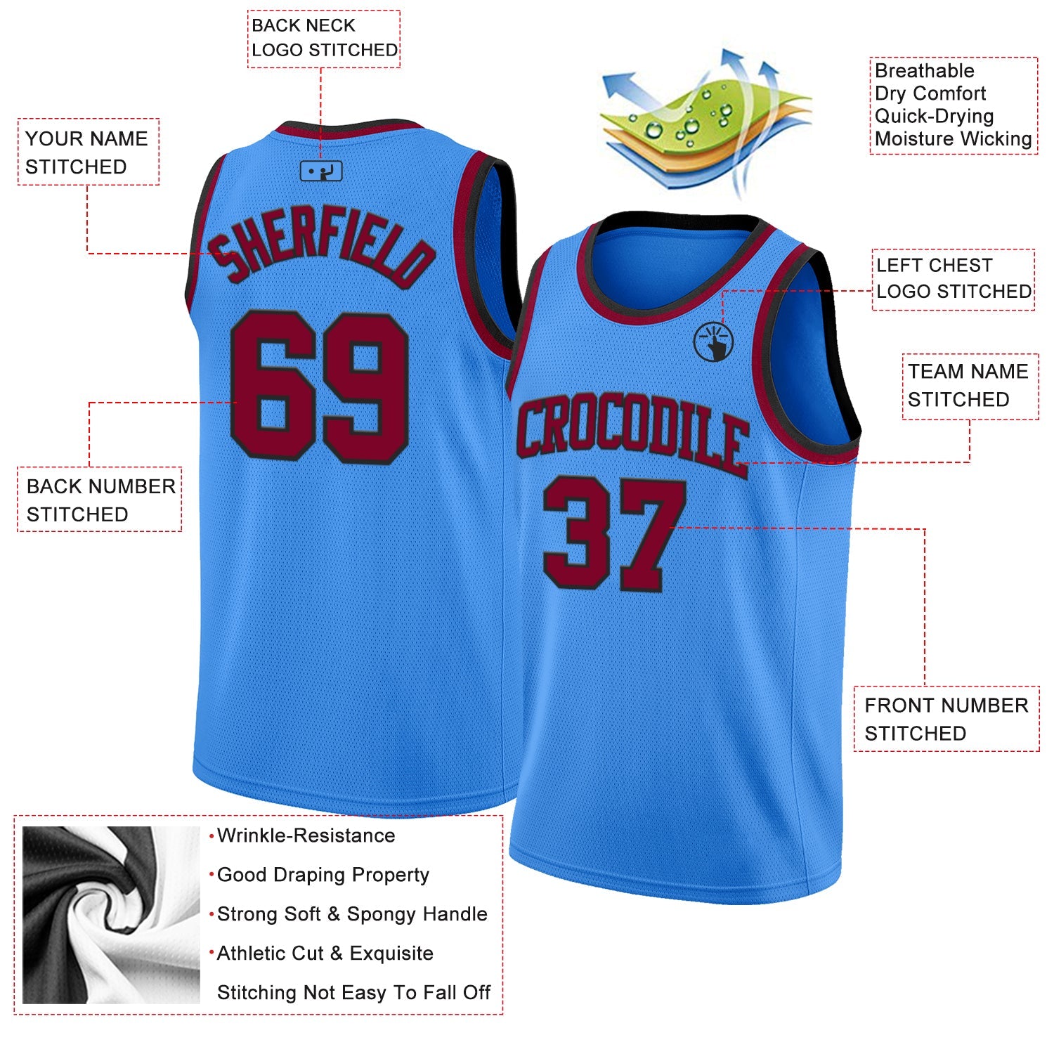 Custom Powder Blue Maroon-Black Authentic Basketball Jersey view 2