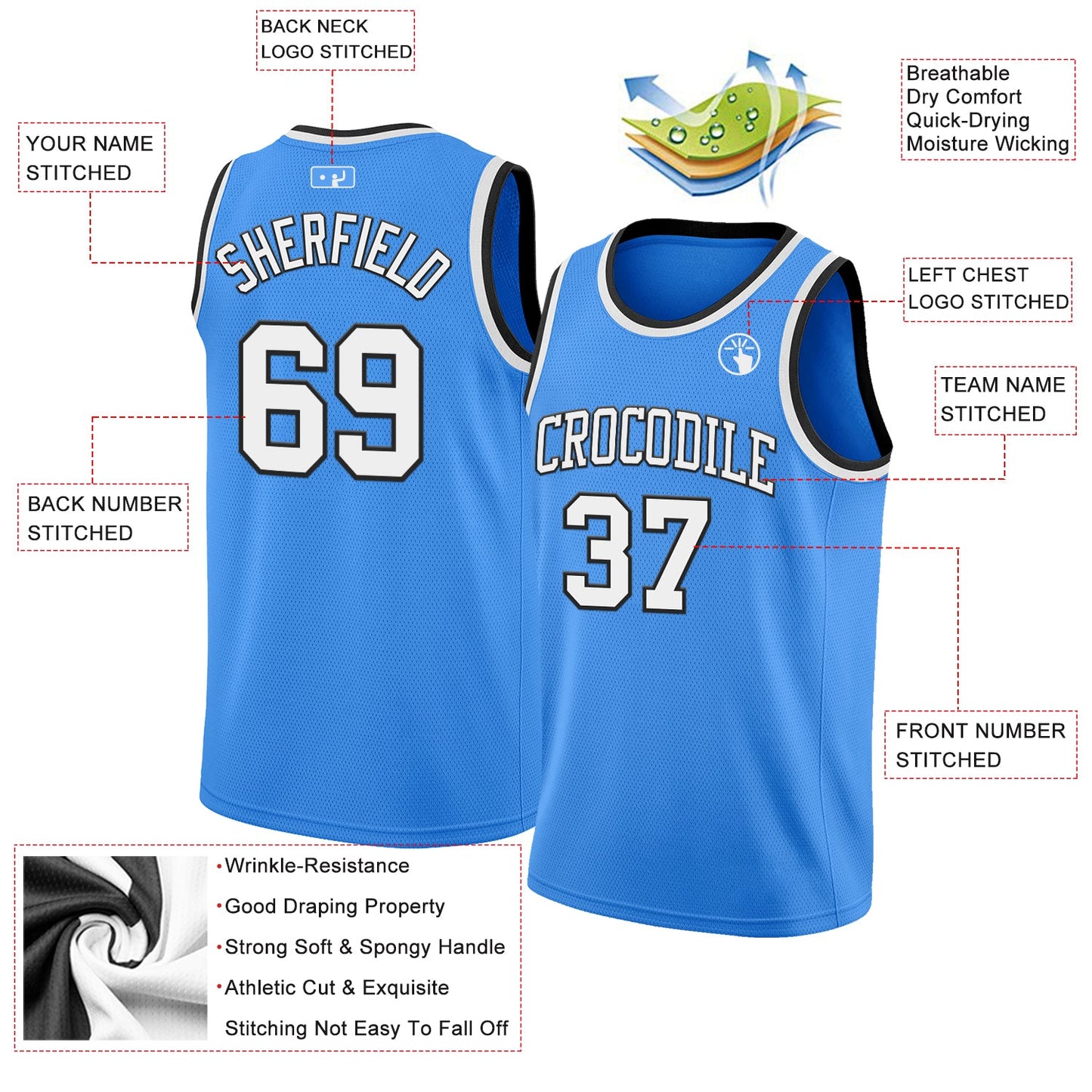 Custom Powder Blue White-Black Authentic Basketball Jersey view 2