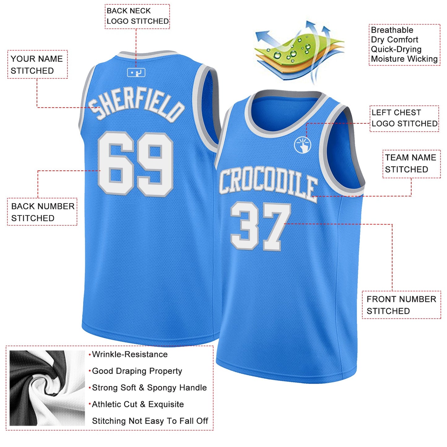 Custom Powder Blue White-Gray Authentic Basketball Jersey view 2