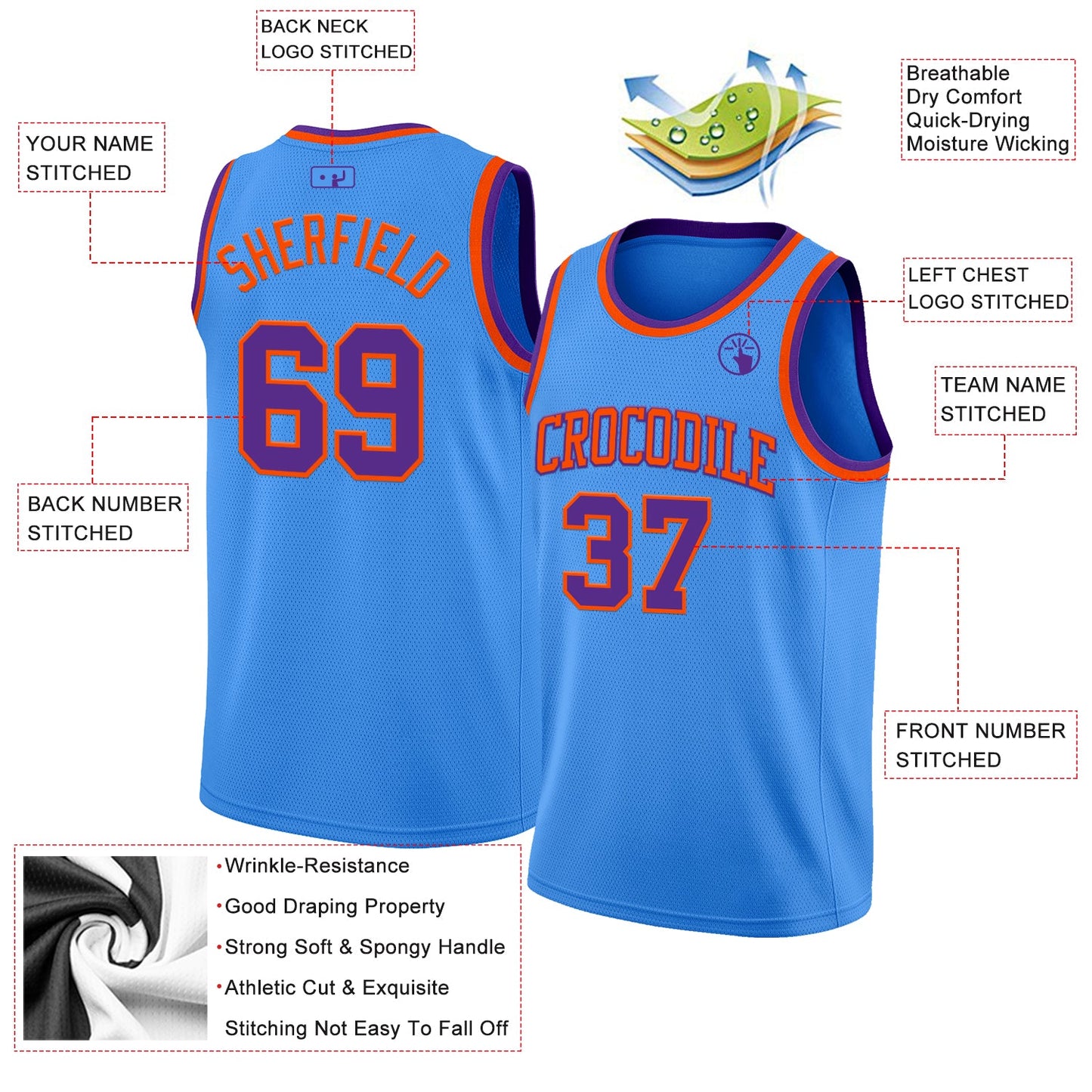 Custom Powder Blue Purple-Orange Authentic Basketball Jersey view 2