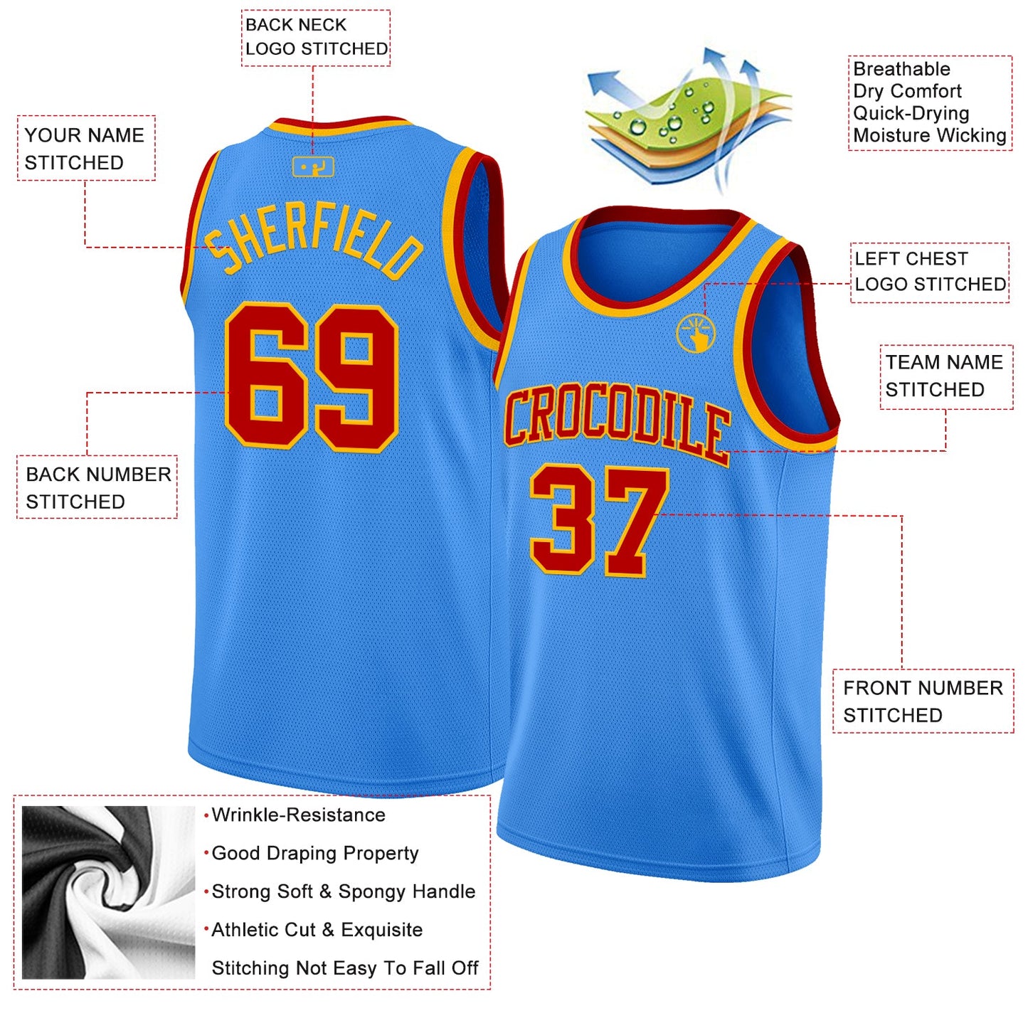 Custom Powder Blue Red-Gold Authentic Basketball Jersey view 2