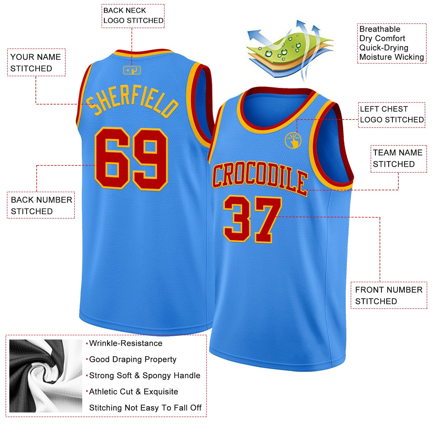 Custom Powder Blue Red-Gold Authentic Basketball Jersey view 2