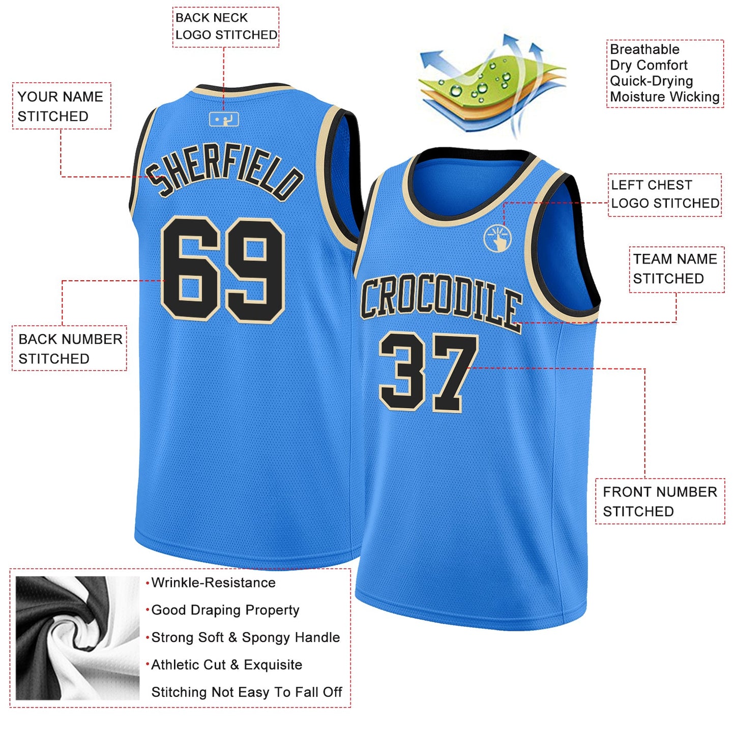 Custom Powder Blue Black-Cream Authentic Basketball Jersey view 2